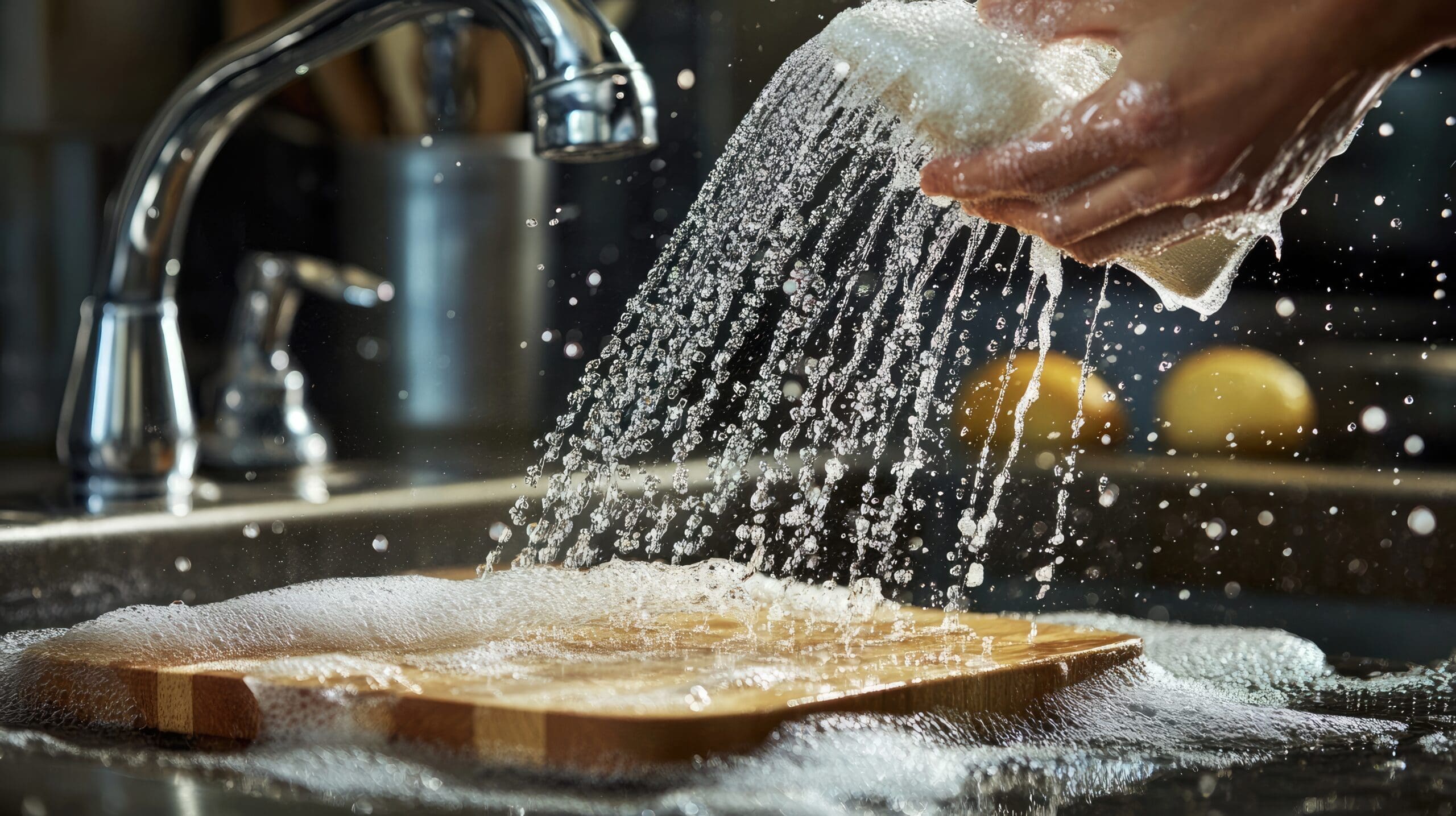 A person rinsing a chopping board after washing it with soap